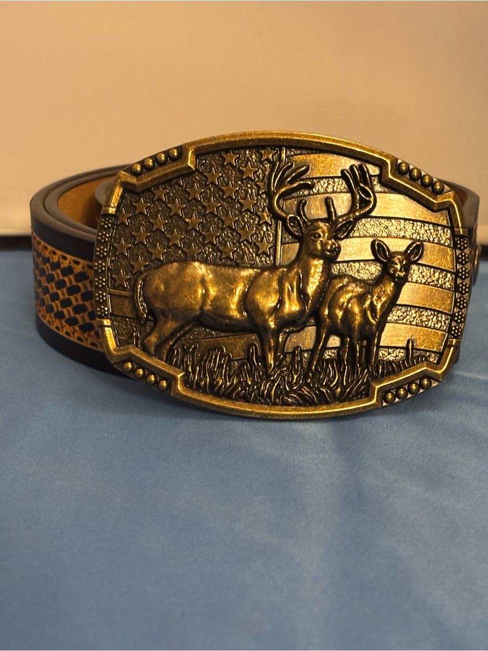 Western style cowboy Bison denim leather belt with relief molded buckle